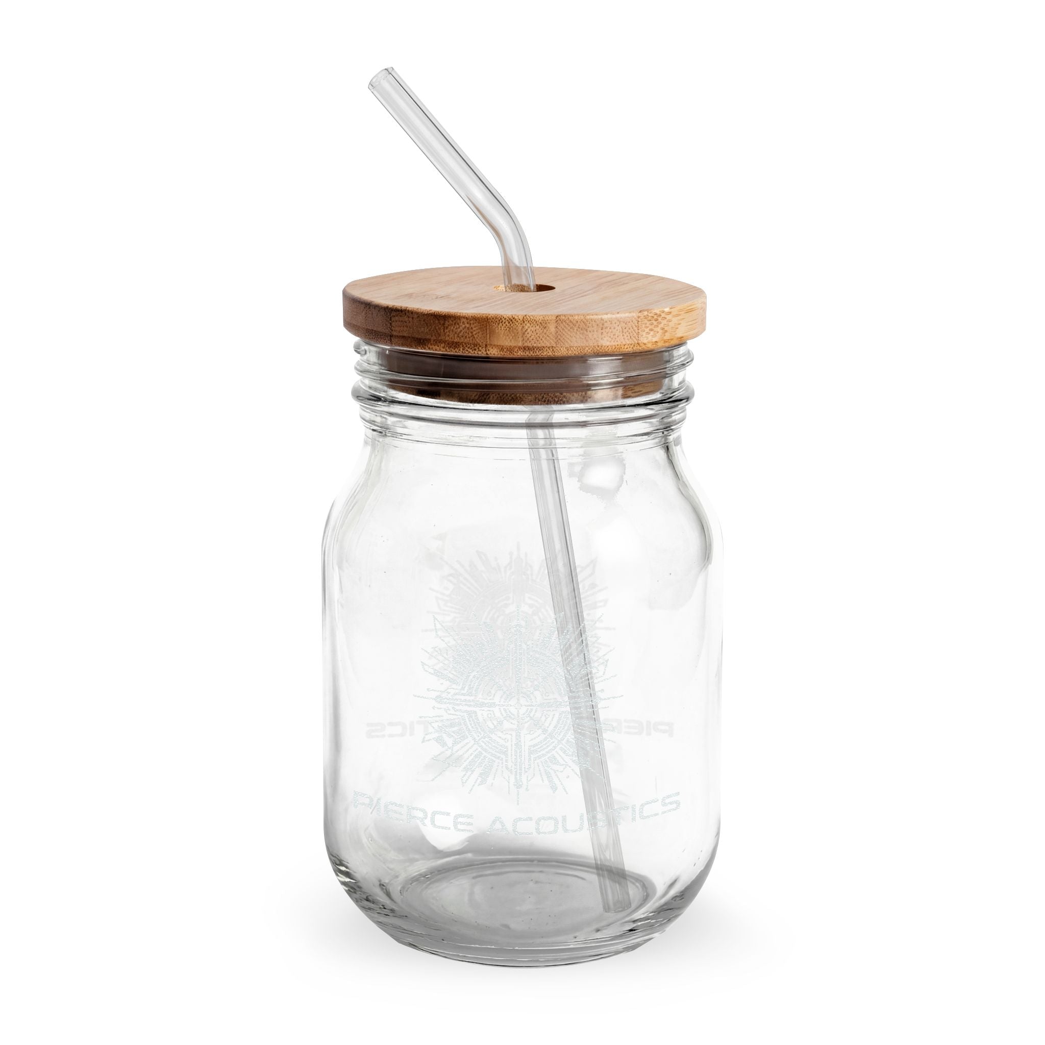 Pierce Acoustics Official Engraved 16oz Glass Sipper Jar with Bamboo Lid & Straw