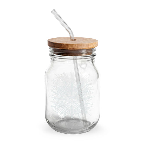 Pierce Acoustics Official 16oz Engraved Glass Sipper Jar with Bamboo Lid & Straw
