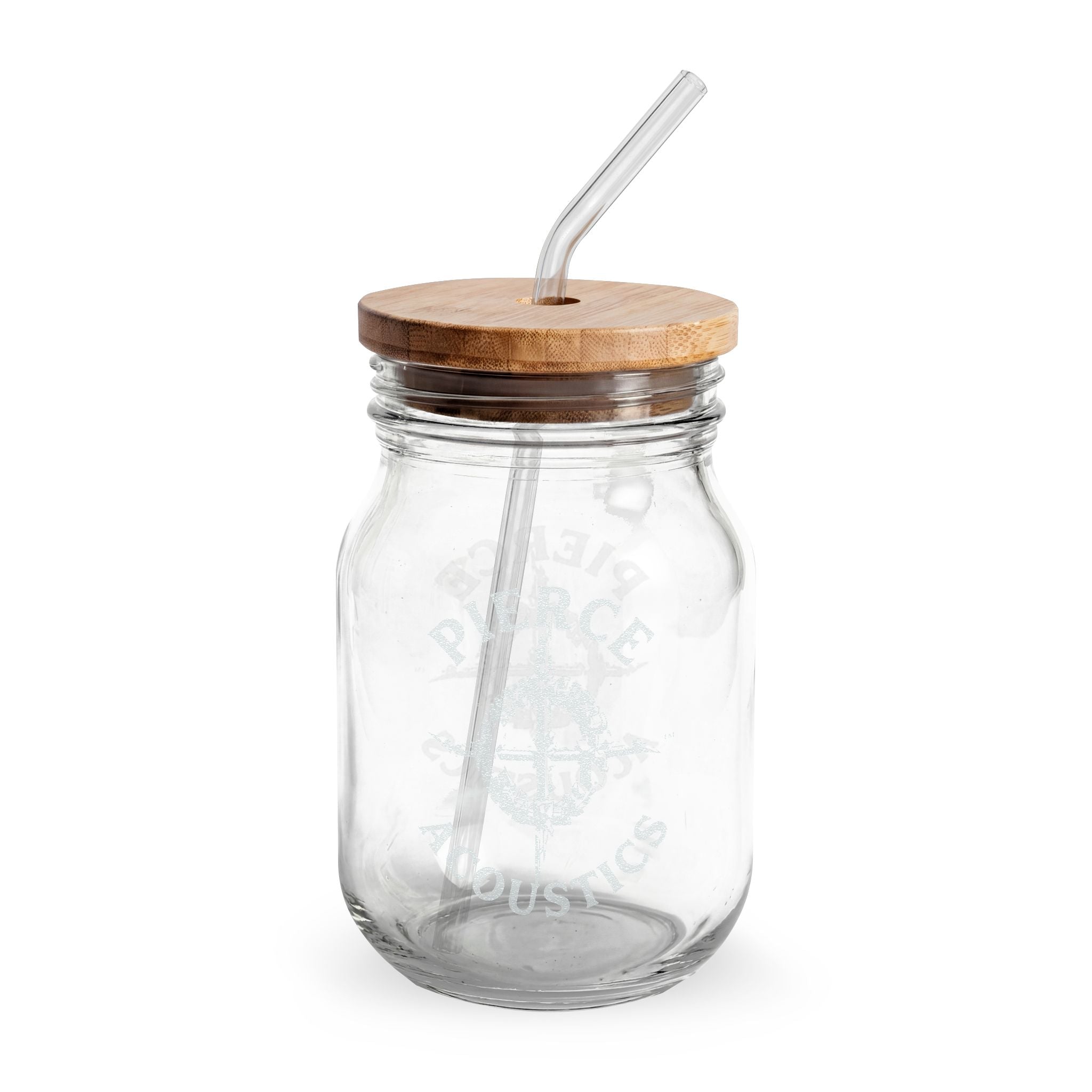 Pierce Acoustics Official 16oz Engraved Glass Sipper Jar with Bamboo Lid & Straw