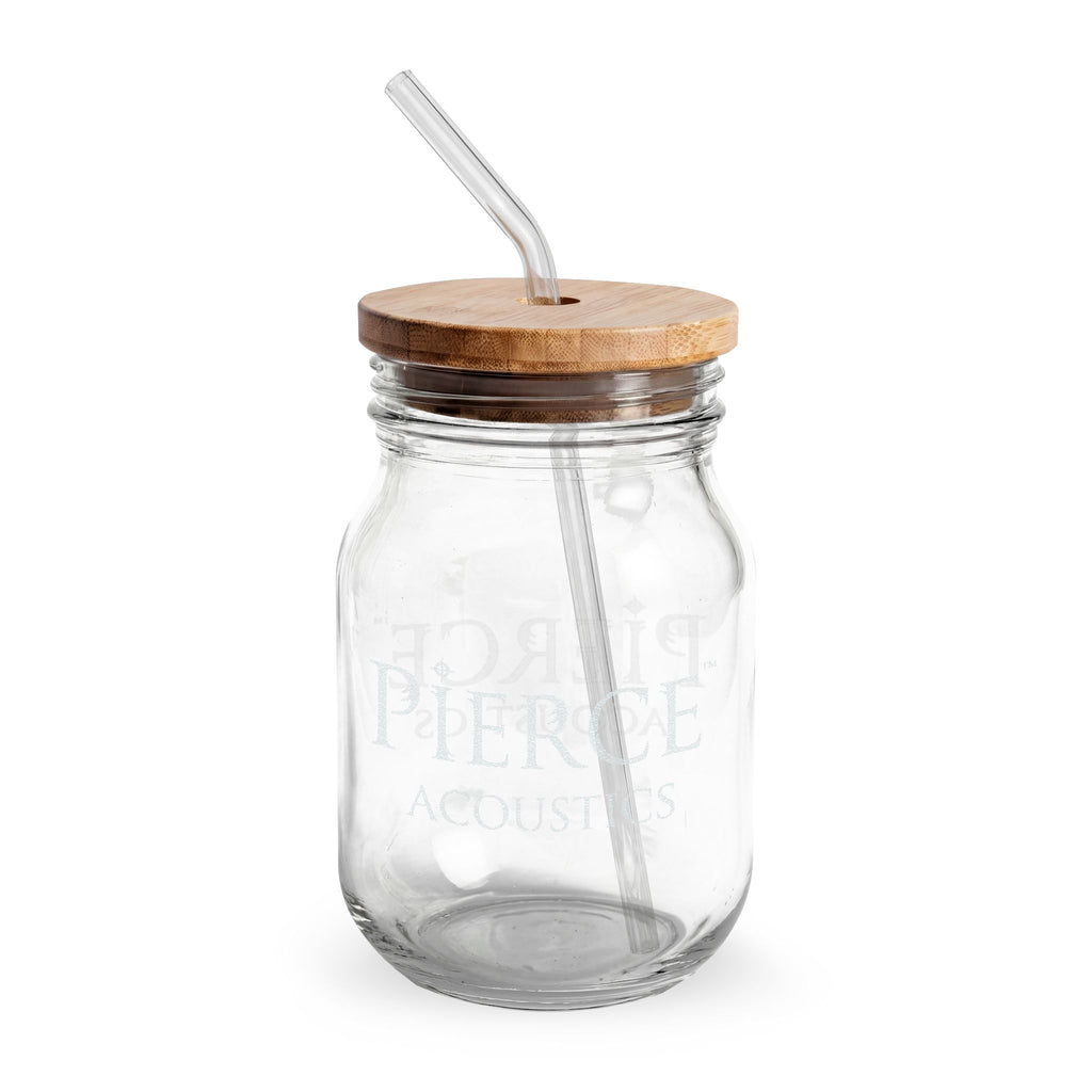Pierce Acoustics Official Engraved 16oz Glass Sipper Jar with Bamboo Lid & Straw